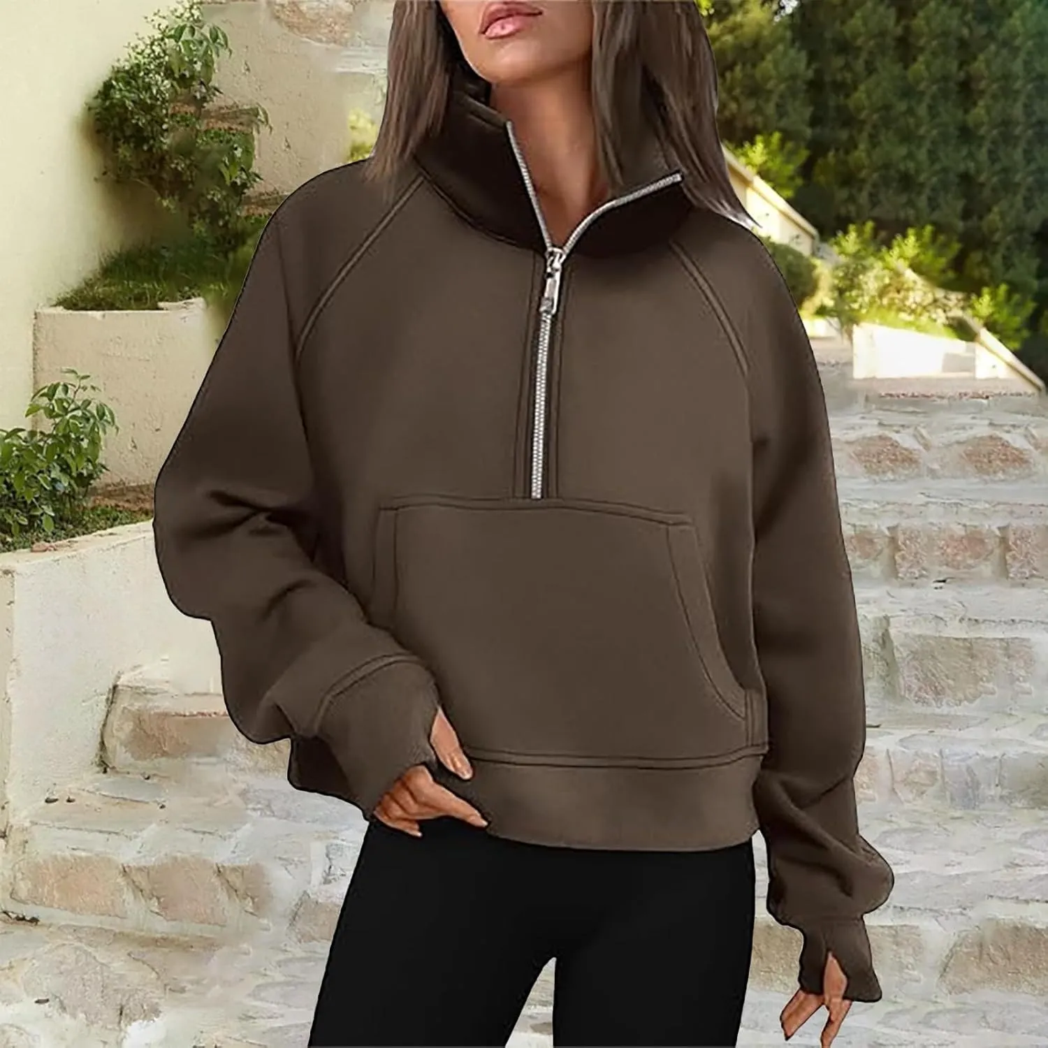 Sweatshirt for Womens Fall Fashion 2024 Half Zip Cropped Sweatshirt Pullover Fleece Zipper Hoodie Thumb Hole