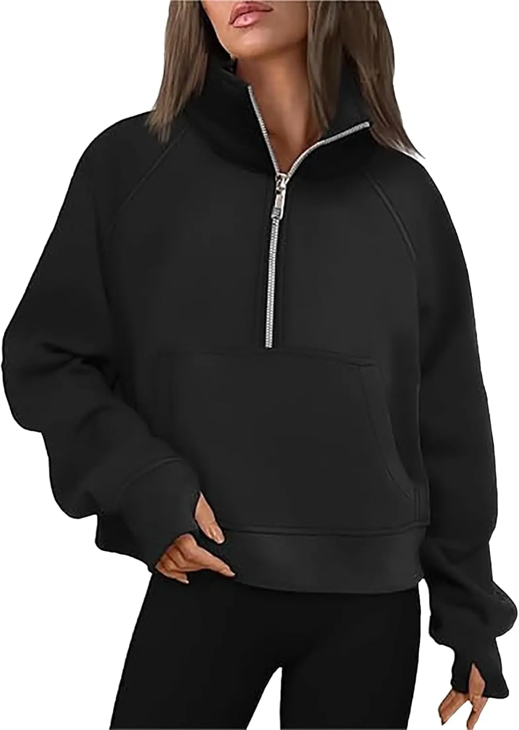 Sweatshirt for Womens Fall Fashion 2024 Half Zip Cropped Sweatshirt Pullover Fleece Zipper Hoodie Thumb Hole