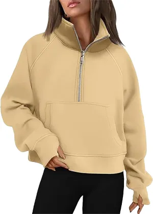Sweatshirt for Womens Fall Fashion 2024 Half Zip Cropped Sweatshirt Pullover Fleece Zipper Hoodie Thumb Hole