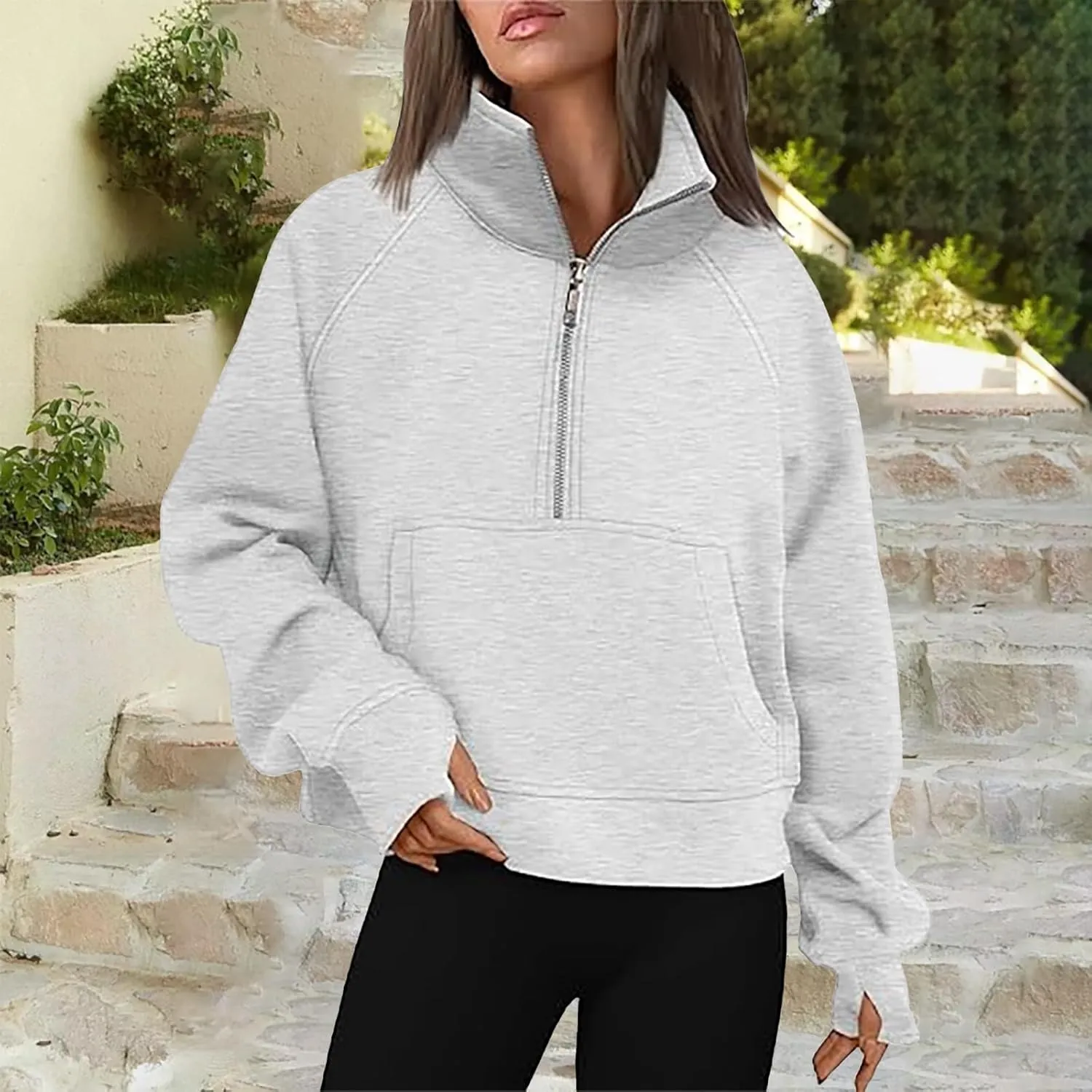Sweatshirt for Womens Fall Fashion 2024 Half Zip Cropped Sweatshirt Pullover Fleece Zipper Hoodie Thumb Hole