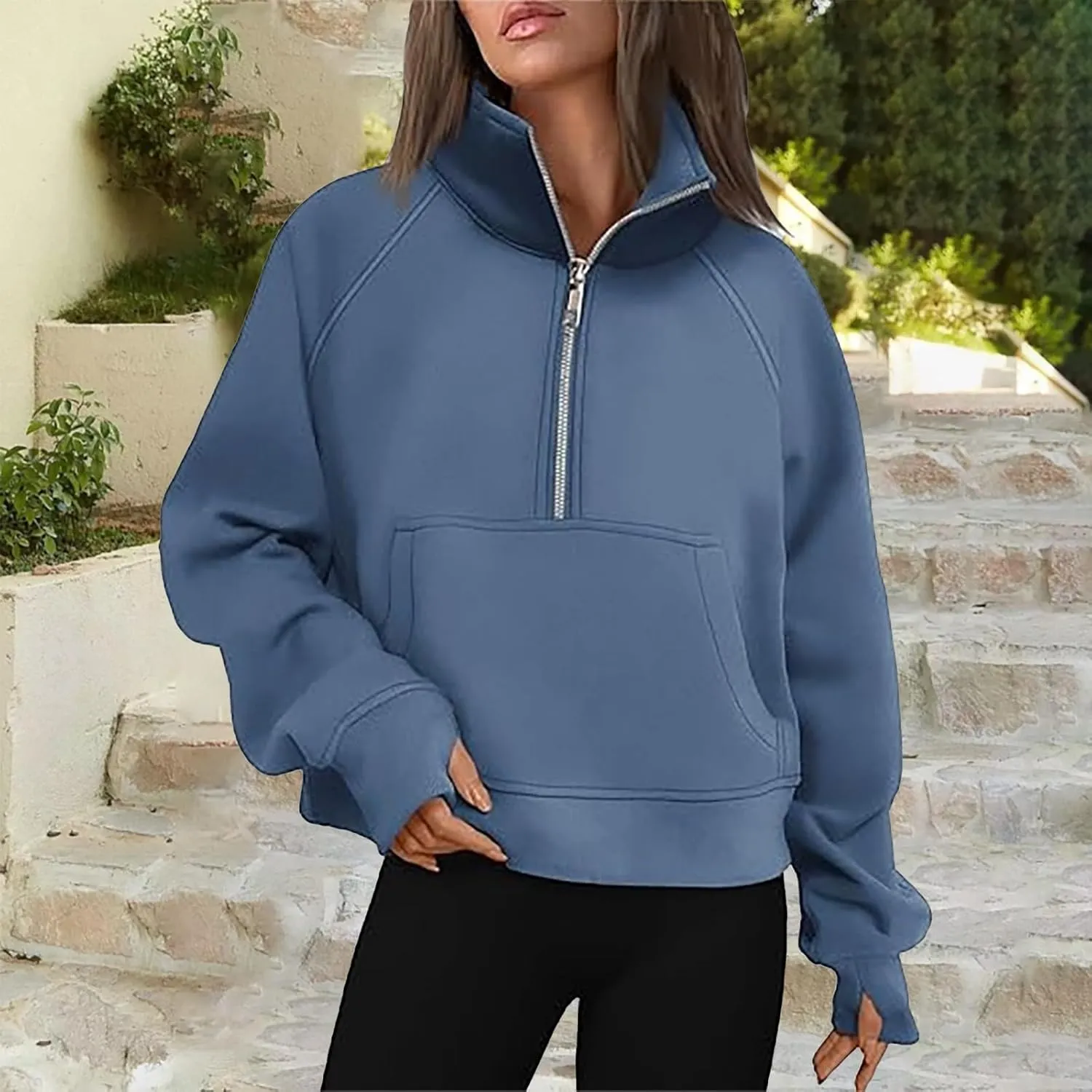 Sweatshirt for Womens Fall Fashion 2024 Half Zip Cropped Sweatshirt Pullover Fleece Zipper Hoodie Thumb Hole