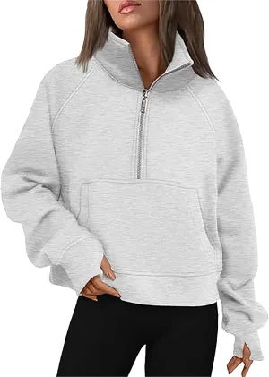 Sweatshirt for Womens Fall Fashion 2024 Half Zip Cropped Sweatshirt Pullover Fleece Zipper Hoodie Thumb Hole