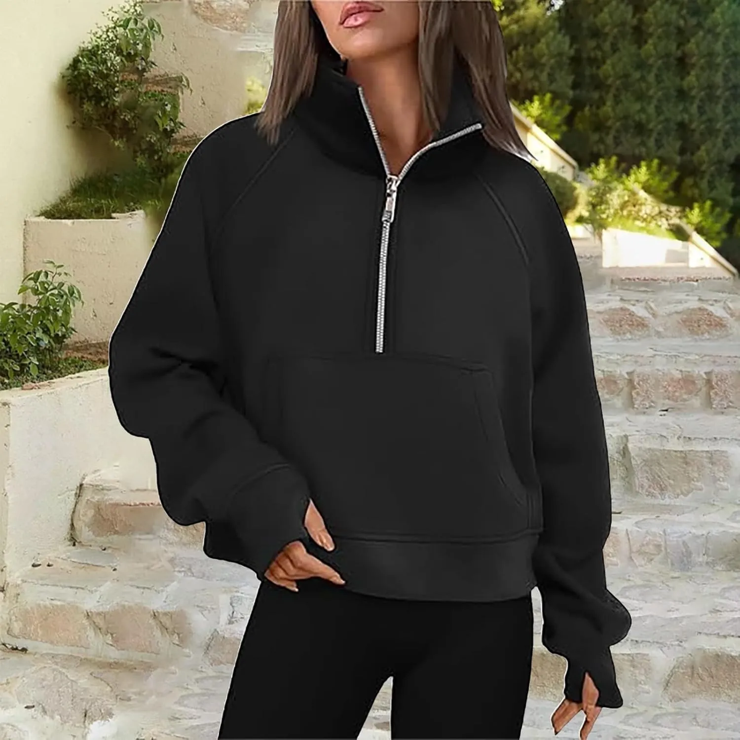 Sweatshirt for Womens Fall Fashion 2024 Half Zip Cropped Sweatshirt Pullover Fleece Zipper Hoodie Thumb Hole