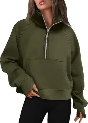 Sweatshirt for Womens Fall Fashion 2024 Half Zip Cropped Sweatshirt Pullover Fleece Zipper Hoodie Thumb Hole