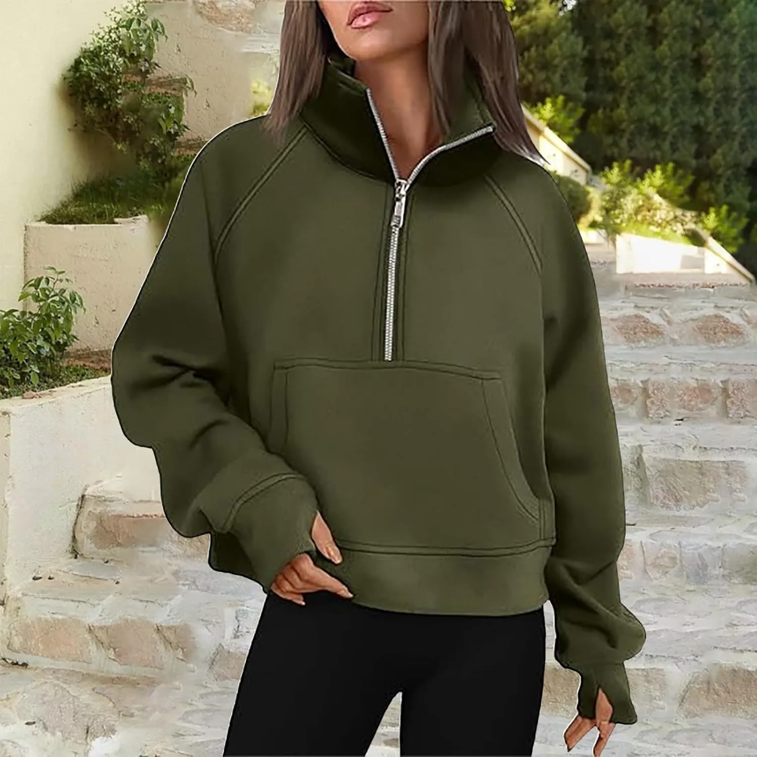 Sweatshirt for Womens Fall Fashion 2024 Half Zip Cropped Sweatshirt Pullover Fleece Zipper Hoodie Thumb Hole