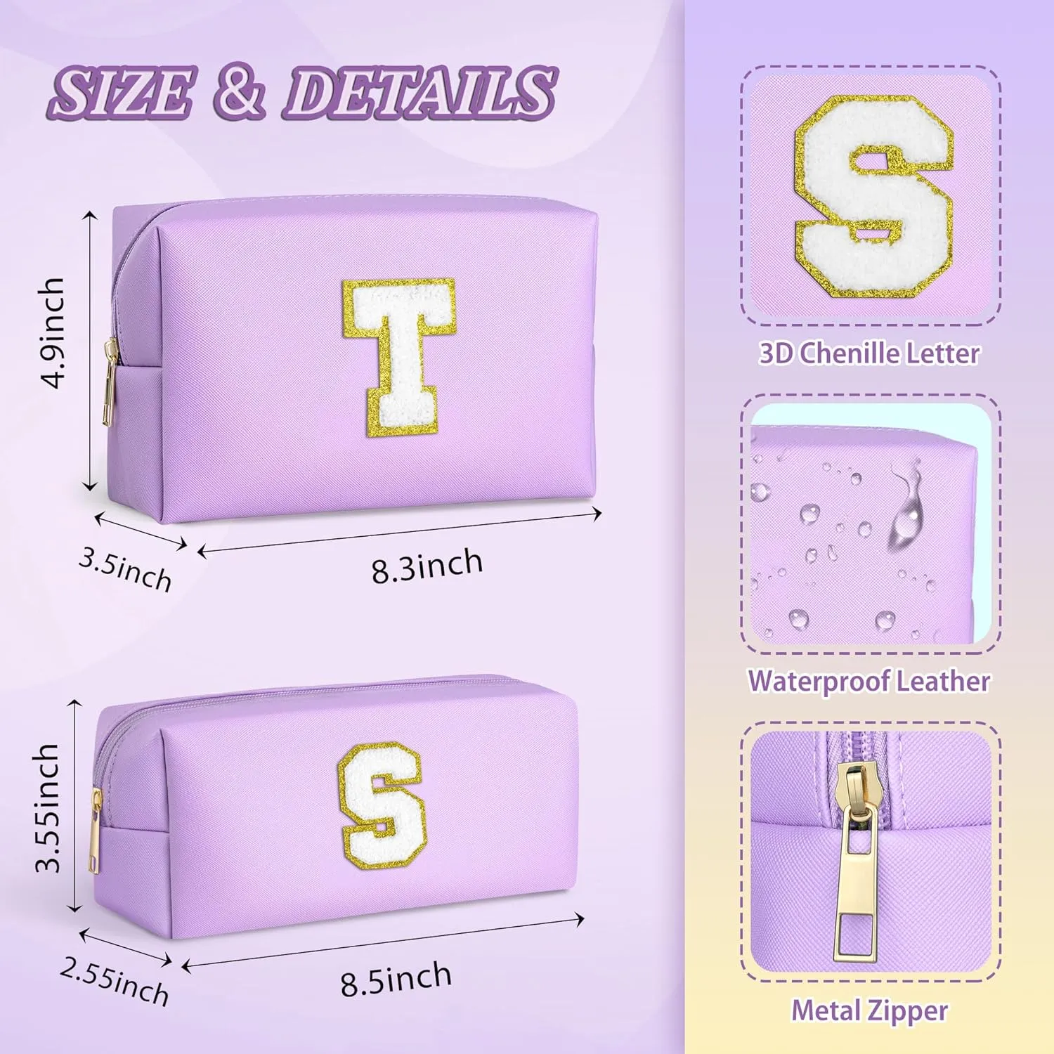 TOPEAST Initial Cosmetic Bag, 2 PCS Makeup Pouch Makeup Organizer Bag PU Leather Chenille Letters Waterproof Travel Toiletry Bag Personalized Birthday Gifts for Mom Grandma, Purple A