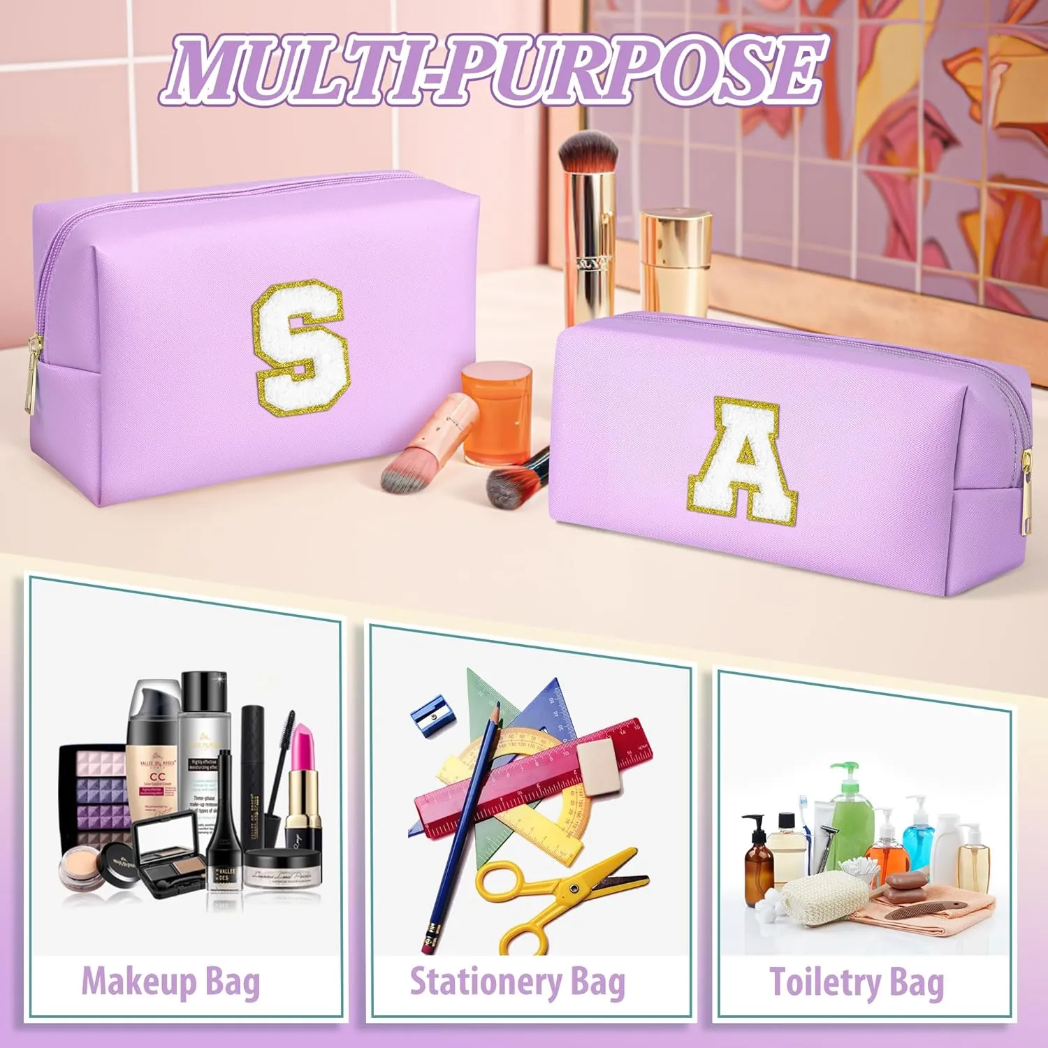 TOPEAST Initial Cosmetic Bag, 2 PCS Makeup Pouch Makeup Organizer Bag PU Leather Chenille Letters Waterproof Travel Toiletry Bag Personalized Birthday Gifts for Mom Grandma, Purple A