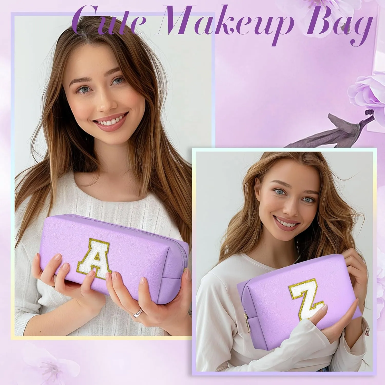 TOPEAST Initial Cosmetic Bag, 2 PCS Makeup Pouch Makeup Organizer Bag PU Leather Chenille Letters Waterproof Travel Toiletry Bag Personalized Birthday Gifts for Mom Grandma, Purple A