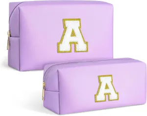 TOPEAST Initial Cosmetic Bag, 2 PCS Makeup Pouch Makeup Organizer Bag PU Leather Chenille Letters Waterproof Travel Toiletry Bag Personalized Birthday Gifts for Mom Grandma, Purple A