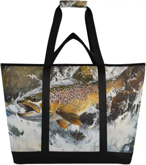 Trout Water Jump Large Insulated Tote Bag for Grocery Shopping Reusable Tote Bags for Women Men, Cooler Bag with Zippered Top & Handles for Beach Picnic Travel
