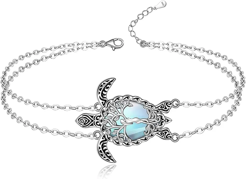 Turtle Anklet Tree of Life Sea Turtle Ankle Bracelets for Women Sterling Silver Moonstone Anklets Beach Ocean Jewelry Christmas Gifts