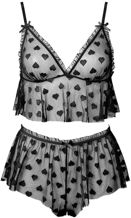 Valentines Day Lingerie Sets for Women Cute Heart Mesh See Through Camisoles & Shorts 2 Piece Lingerie Sets