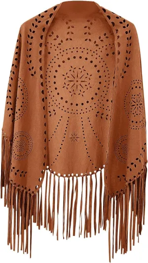 Vintage Western Shawl Wrap for Women, Ladies Hollow Out Poncho Cape Open Front Cardigan Outwear with Tassel Hem