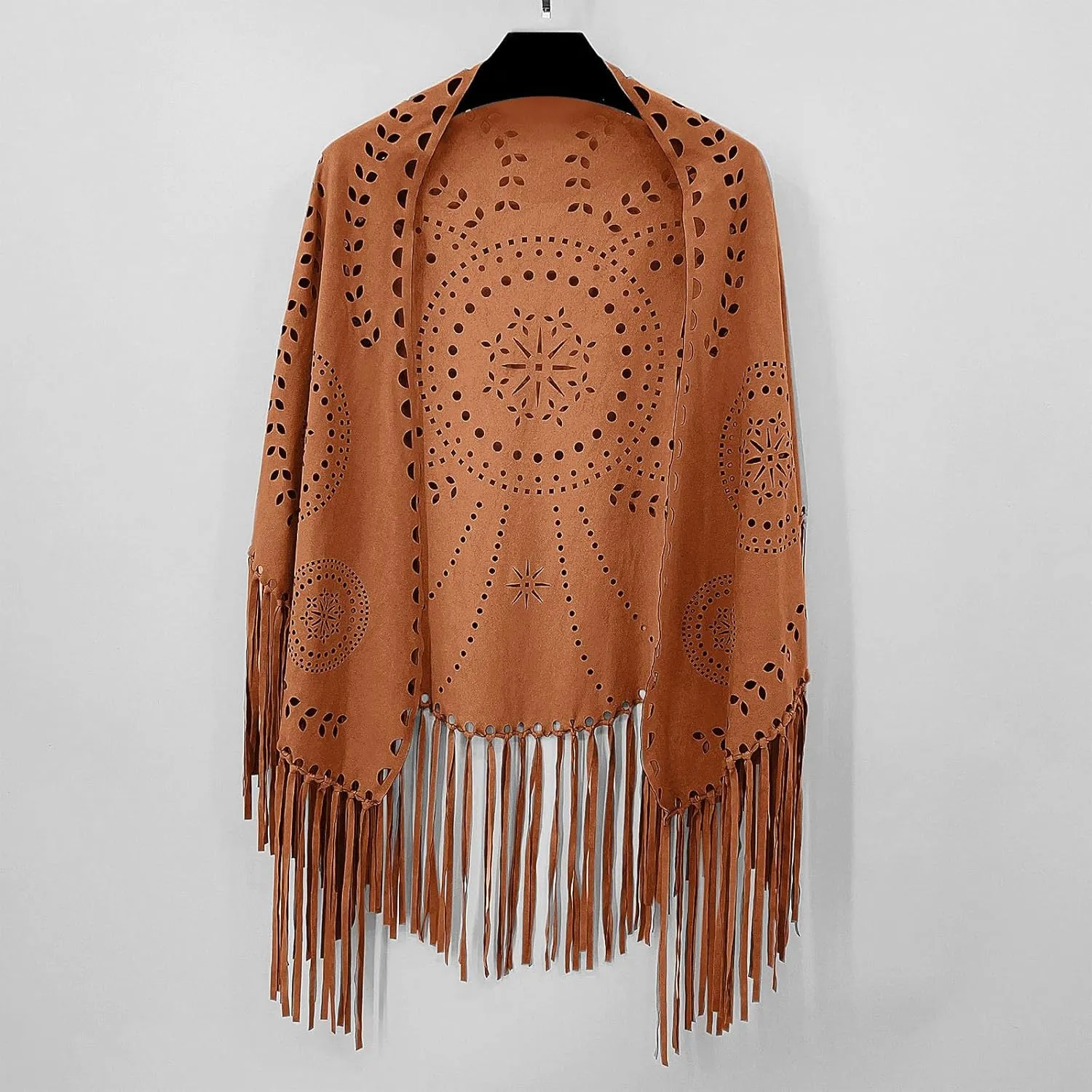 Vintage Western Shawl Wrap for Women, Ladies Hollow Out Poncho Cape Open Front Cardigan Outwear with Tassel Hem