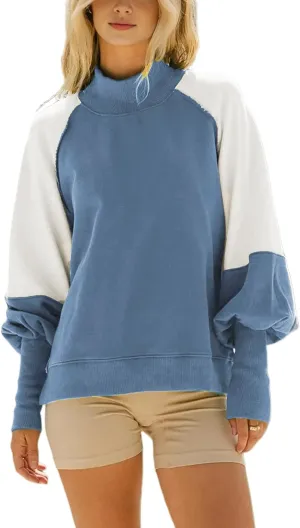 VNIRA Womens Oversized Crewneck Sweatshirts Mock Neck Pullover Color Block Long Lantern Sleeve Tunics Tops