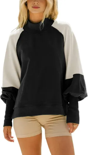 VNIRA Womens Oversized Crewneck Sweatshirts Mock Neck Pullover Color Block Long Lantern Sleeve Tunics Tops