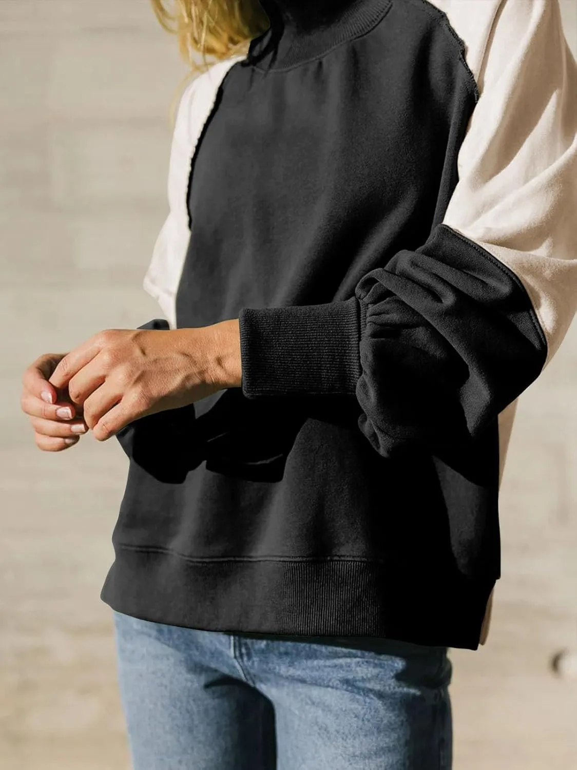 VNIRA Womens Oversized Crewneck Sweatshirts Mock Neck Pullover Color Block Long Lantern Sleeve Tunics Tops