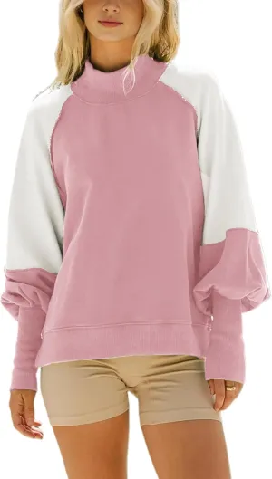 VNIRA Womens Oversized Crewneck Sweatshirts Mock Neck Pullover Color Block Long Lantern Sleeve Tunics Tops