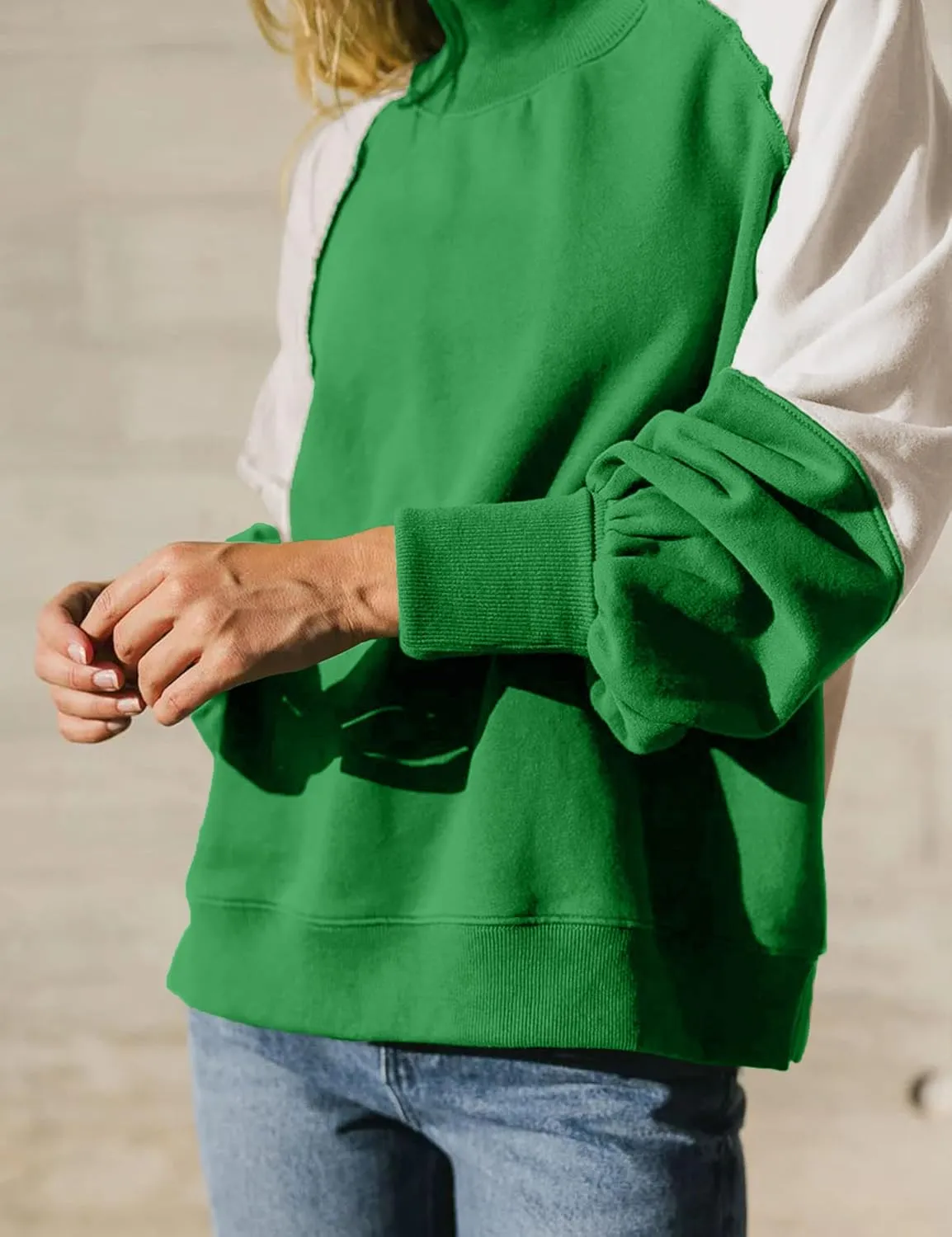 VNIRA Womens Oversized Crewneck Sweatshirts Mock Neck Pullover Color Block Long Lantern Sleeve Tunics Tops