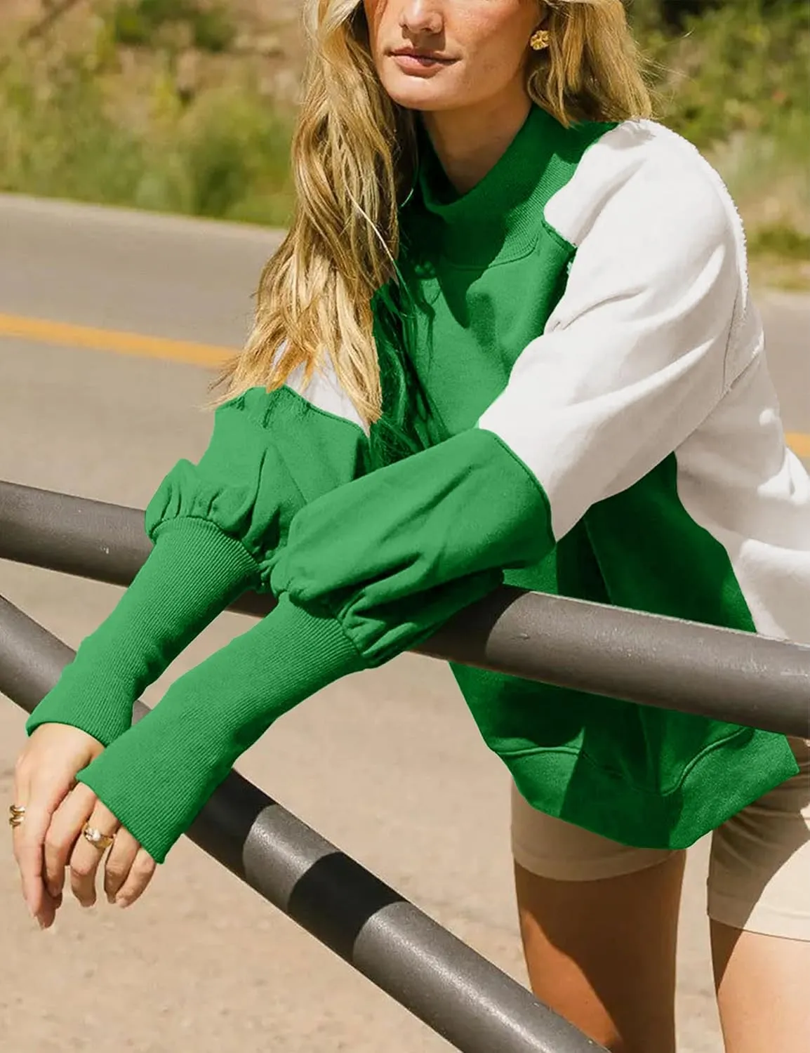 VNIRA Womens Oversized Crewneck Sweatshirts Mock Neck Pullover Color Block Long Lantern Sleeve Tunics Tops