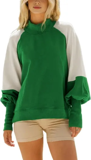 VNIRA Womens Oversized Crewneck Sweatshirts Mock Neck Pullover Color Block Long Lantern Sleeve Tunics Tops