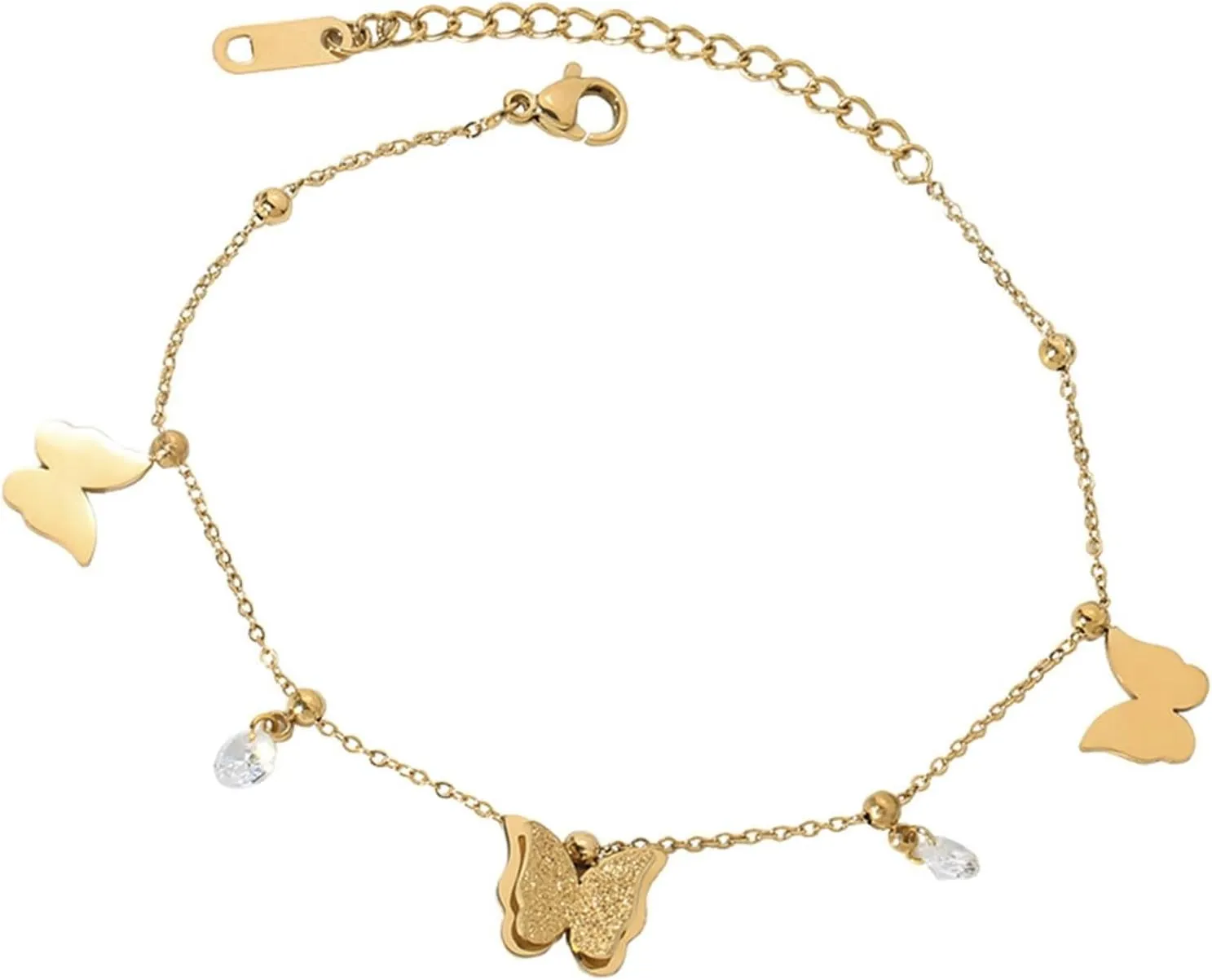 Wedding Anklet, Stainless Steel Anklet Butterfly with Cubic Zirconia Gold Oval Body Chains for Women 24cm