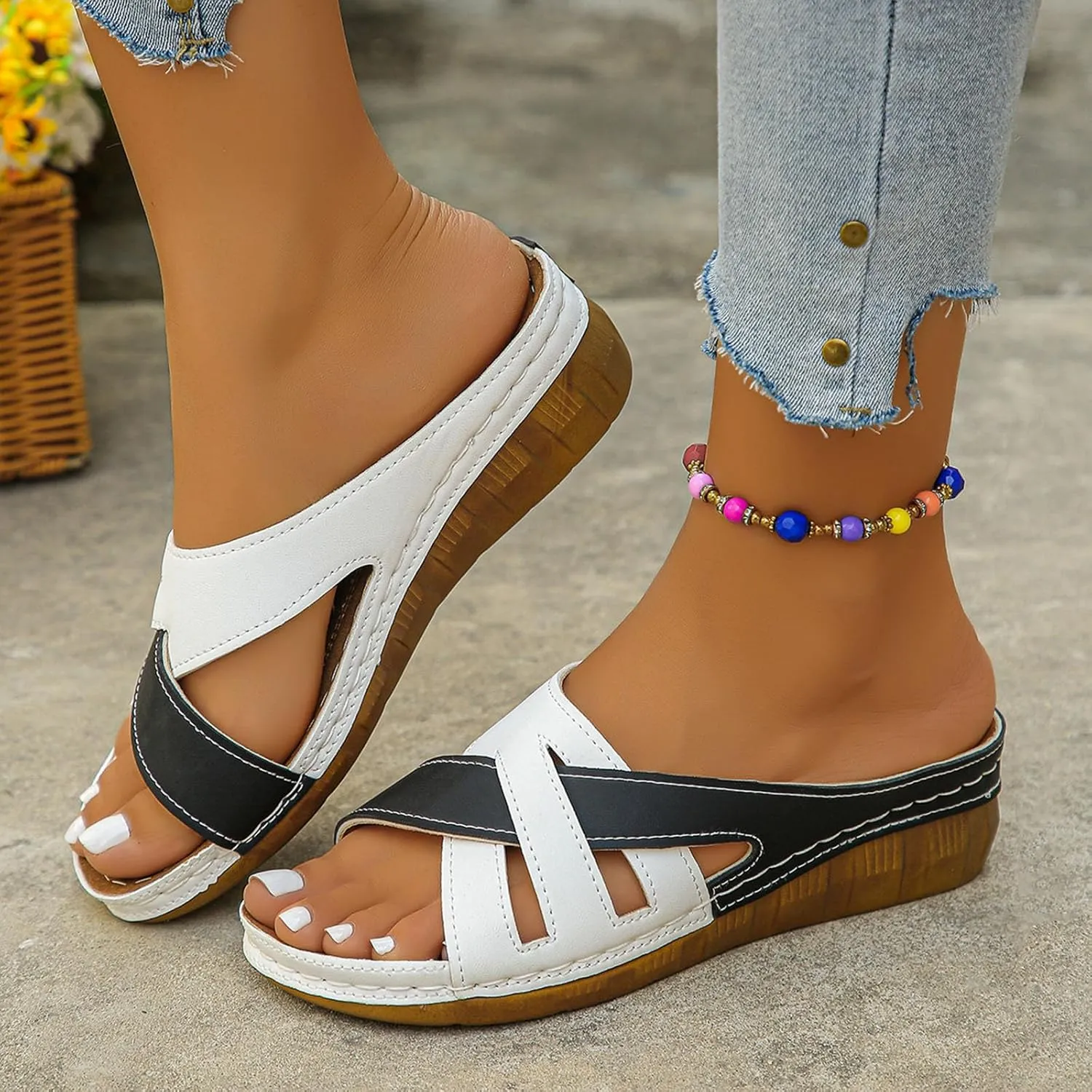 Wedge ls for Women UK Orthopedic Slides Leather Wide Fit Orthotic Plantar Fasciitis Comfy Open Toe Ladies Low Wedge ls Outdoor Anti-Slip Platform Holiday Essentials Beach Dress Shoes (Black