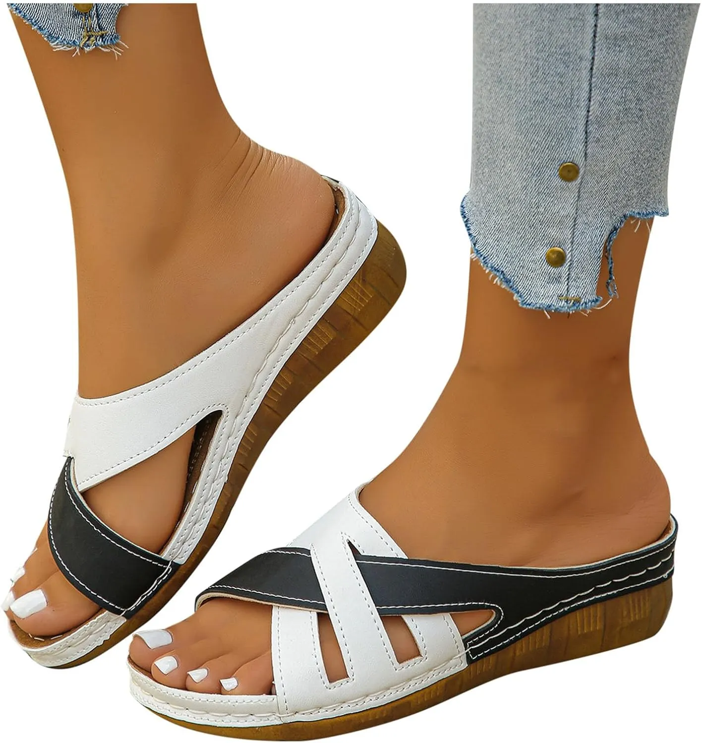 Wedge ls for Women UK Orthopedic Slides Leather Wide Fit Orthotic Plantar Fasciitis Comfy Open Toe Ladies Low Wedge ls Outdoor Anti-Slip Platform Holiday Essentials Beach Dress Shoes (Black