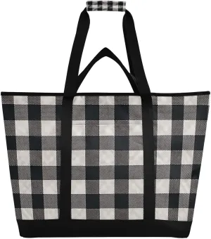 White Black Plaid Large Insulated Tote Bag for Grocery Shopping Reusable Tote Bags for Women Men, Cooler Bag with Zippered Top & Handles for Beach Picnic Travel
