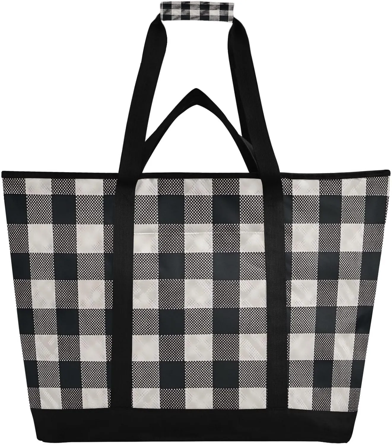 White Black Plaid Large Insulated Tote Bag for Grocery Shopping Reusable Tote Bags for Women Men, Cooler Bag with Zippered Top & Handles for Beach Picnic Travel
