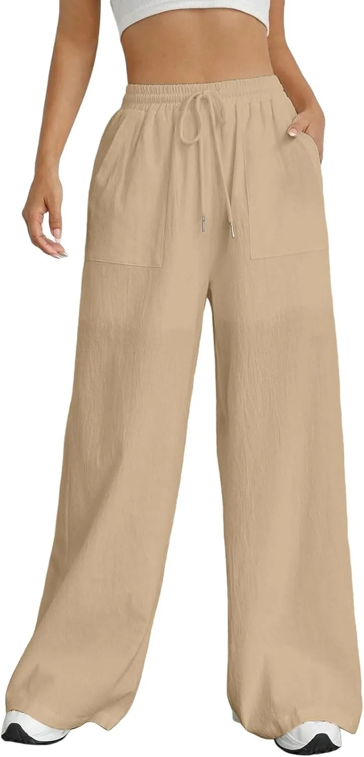 Wide Leg Linen Pants for Women Drawstring High Waist Casual Palazzo Pants Solid Color Loose Fit Trendy Trousers with Pocket