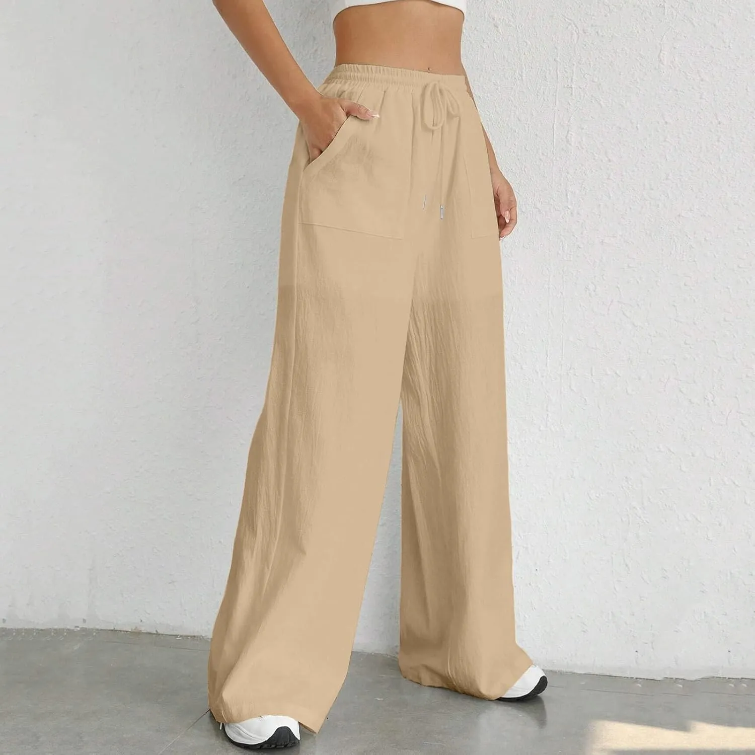 Wide Leg Linen Pants for Women Drawstring High Waist Casual Palazzo Pants Solid Color Loose Fit Trendy Trousers with Pocket