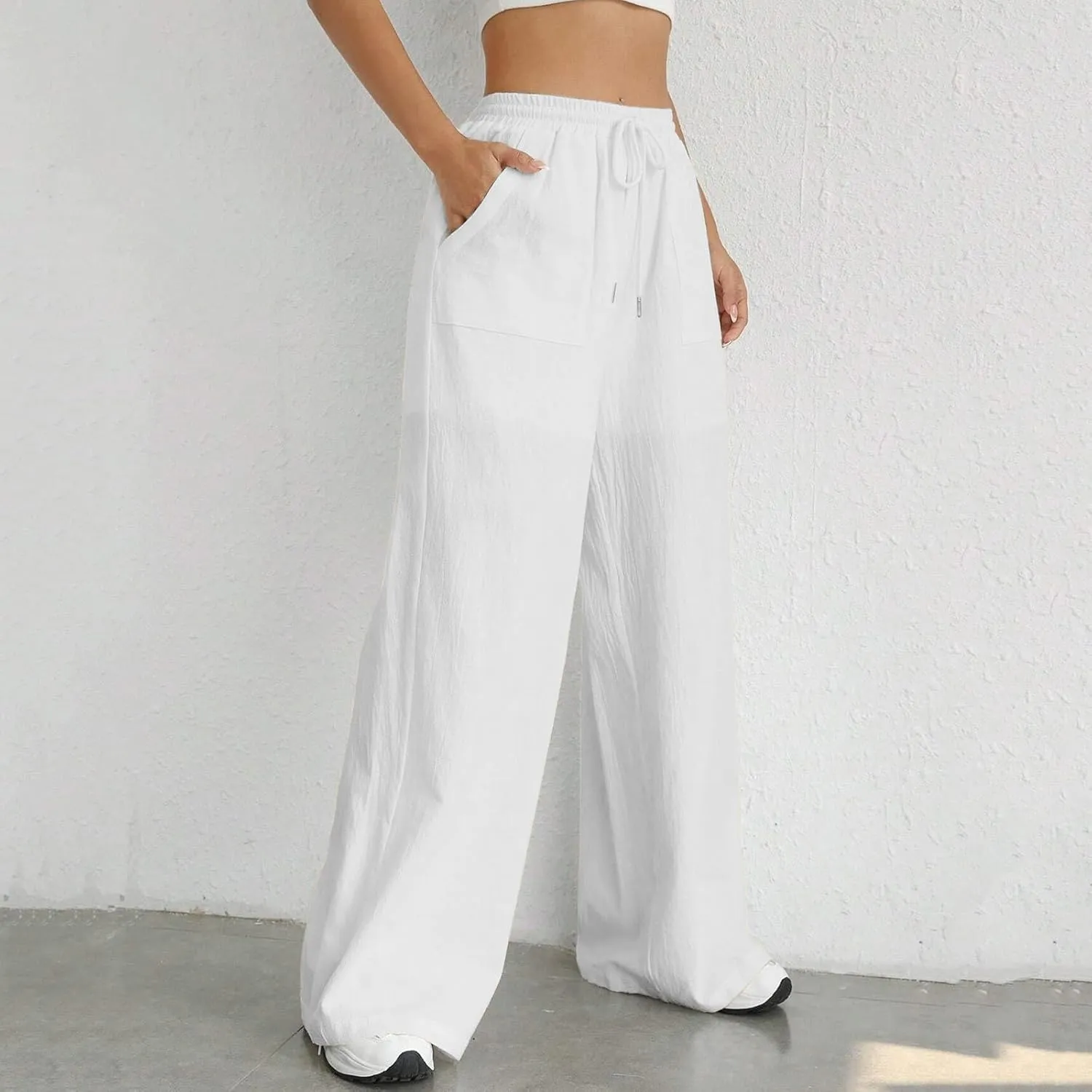Wide Leg Linen Pants for Women Drawstring High Waist Casual Palazzo Pants Solid Color Loose Fit Trendy Trousers with Pocket
