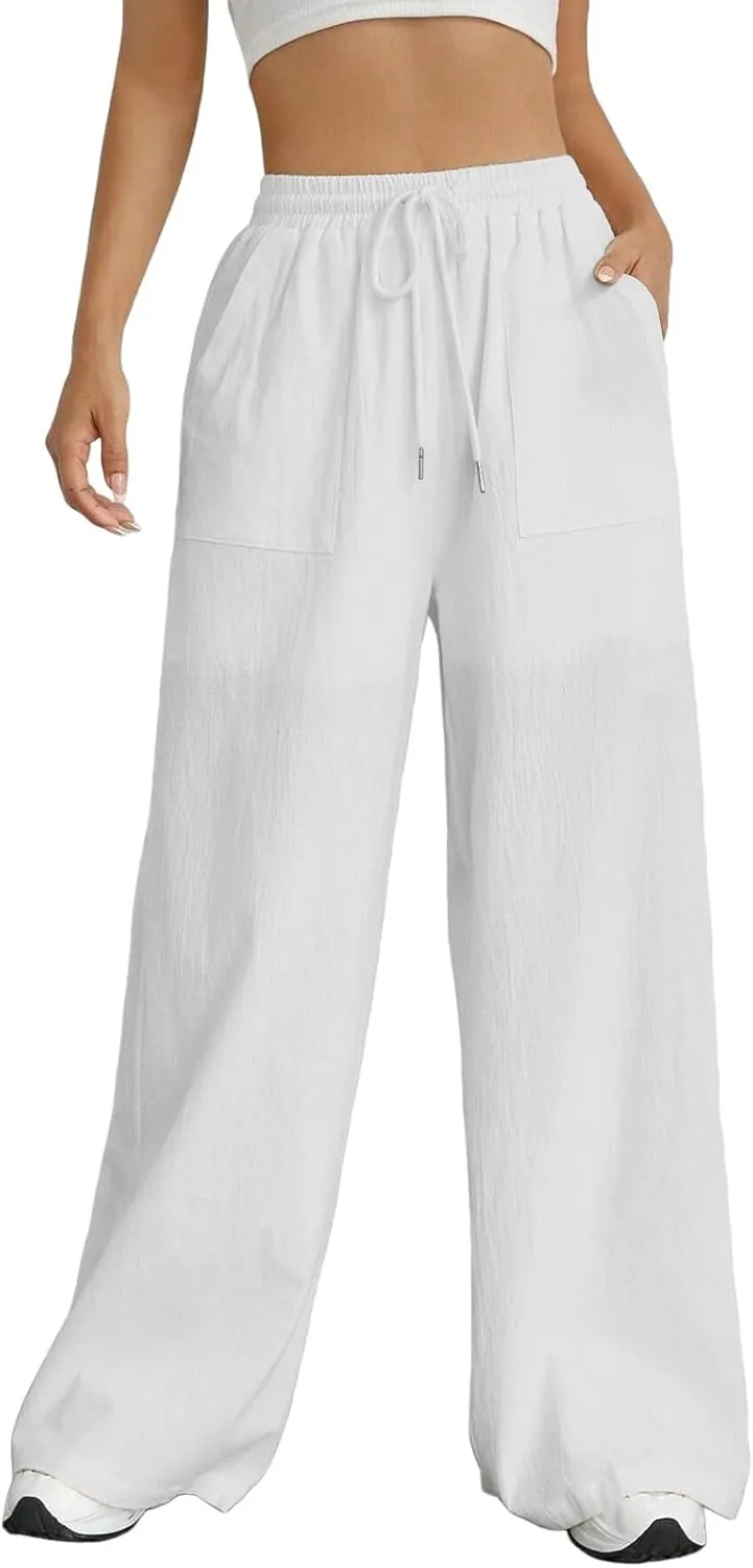 Wide Leg Linen Pants for Women Drawstring High Waist Casual Palazzo Pants Solid Color Loose Fit Trendy Trousers with Pocket