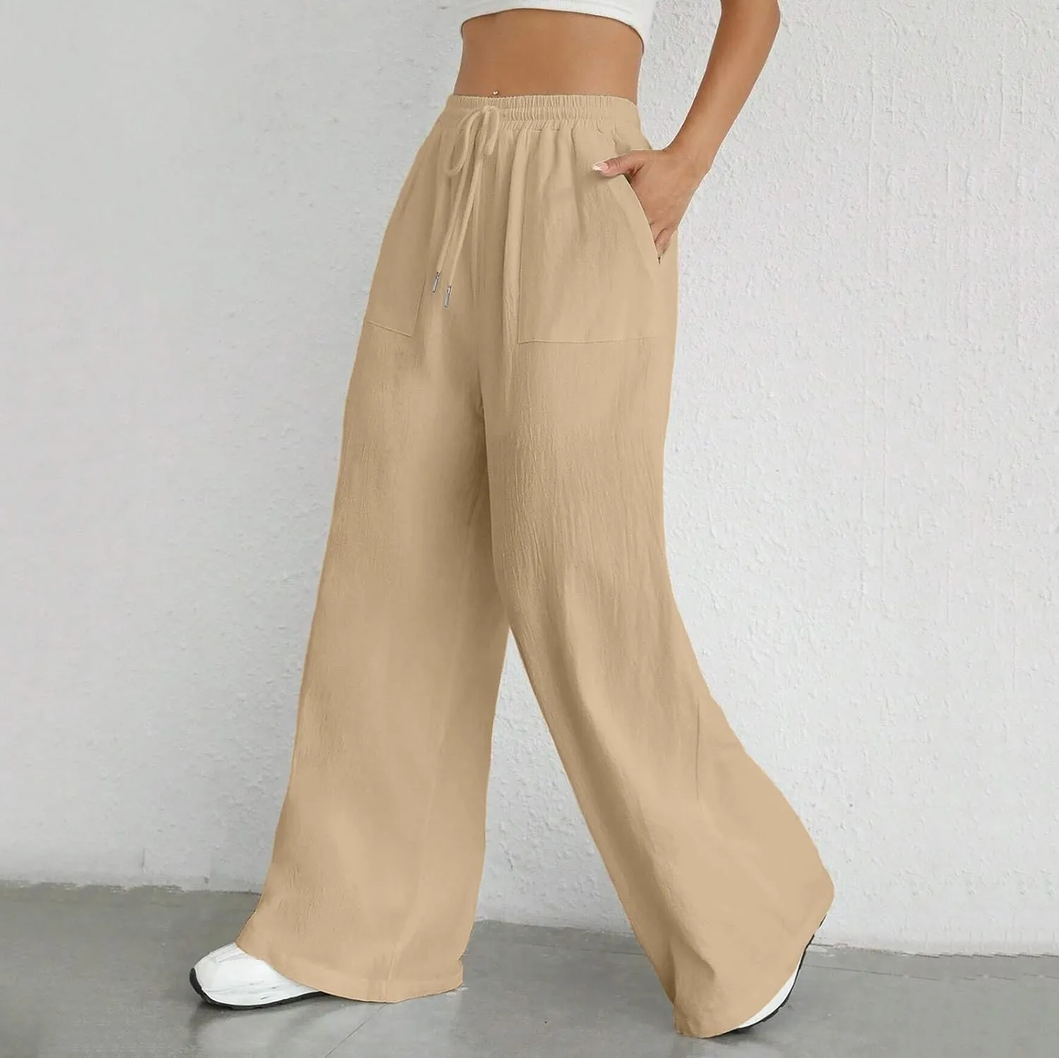 Wide Leg Linen Pants for Women Drawstring High Waist Casual Palazzo Pants Solid Color Loose Fit Trendy Trousers with Pocket