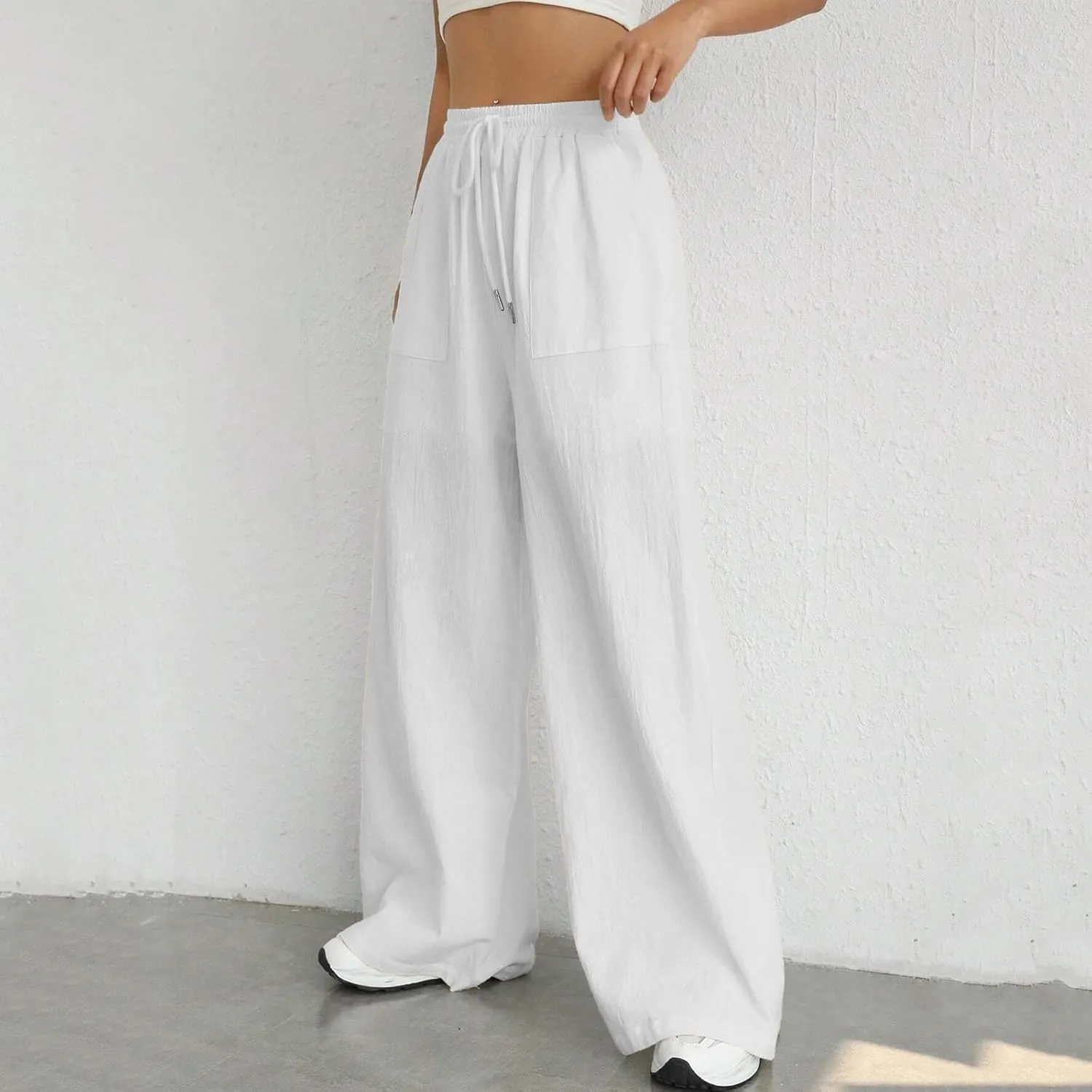 Wide Leg Linen Pants for Women Drawstring High Waist Casual Palazzo Pants Solid Color Loose Fit Trendy Trousers with Pocket