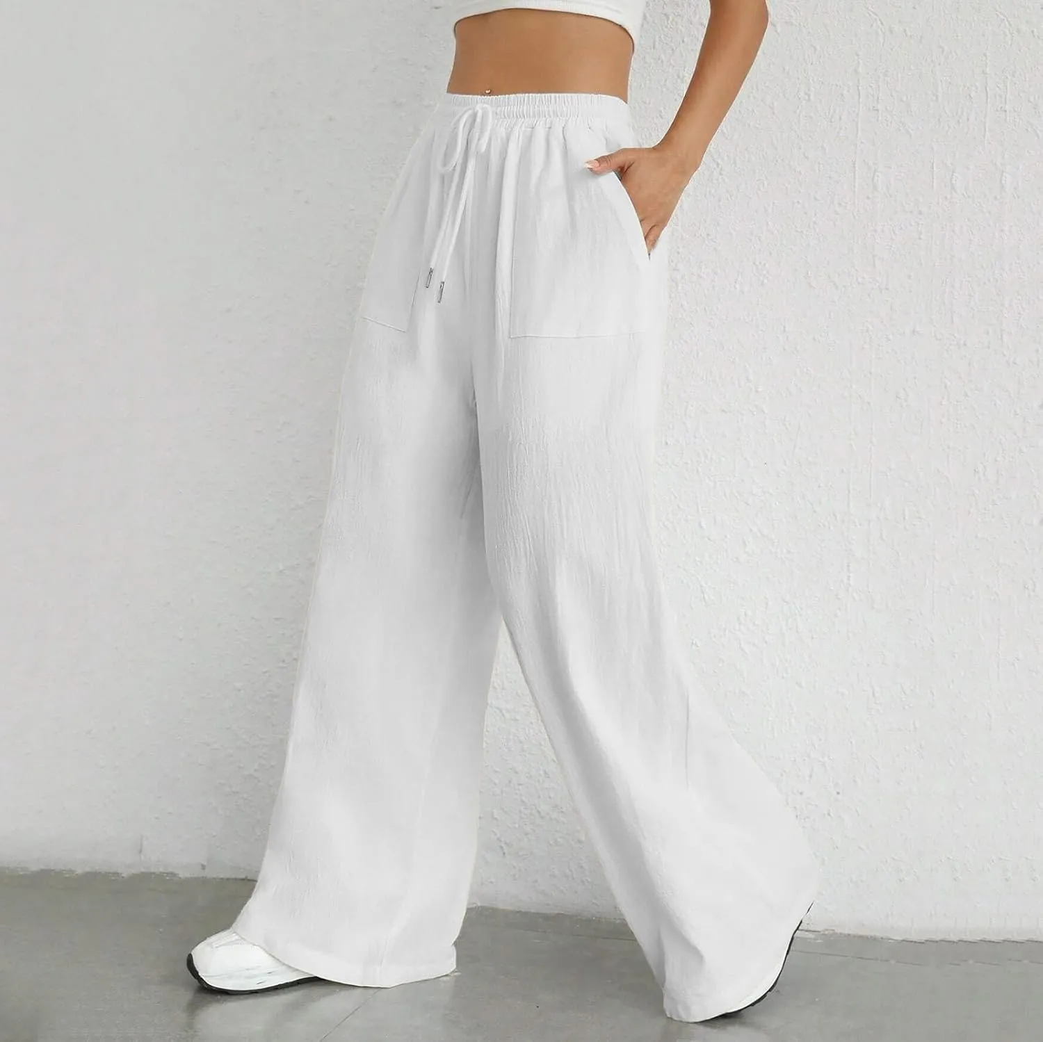 Wide Leg Linen Pants for Women Drawstring High Waist Casual Palazzo Pants Solid Color Loose Fit Trendy Trousers with Pocket