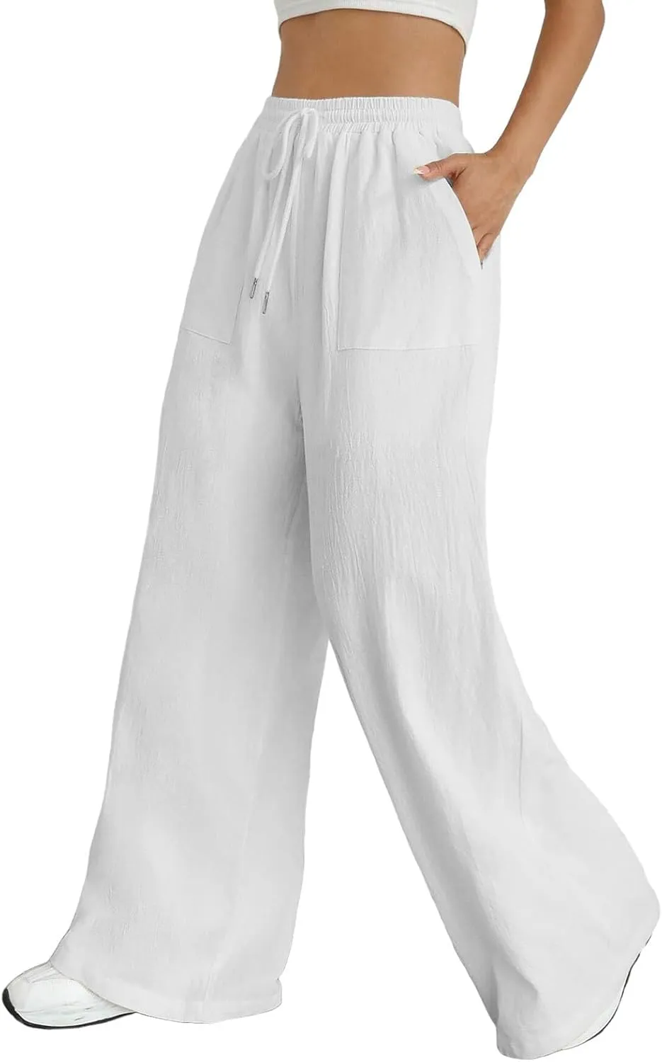 Wide Leg Linen Pants for Women Drawstring High Waist Casual Palazzo Pants Solid Color Loose Fit Trendy Trousers with Pocket