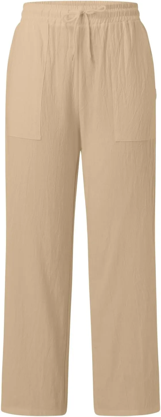 Wide Leg Linen Pants for Women Drawstring High Waist Casual Palazzo Pants Solid Color Loose Fit Trendy Trousers with Pocket