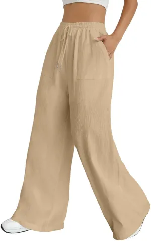 Wide Leg Linen Pants for Women Drawstring High Waist Casual Palazzo Pants Solid Color Loose Fit Trendy Trousers with Pocket