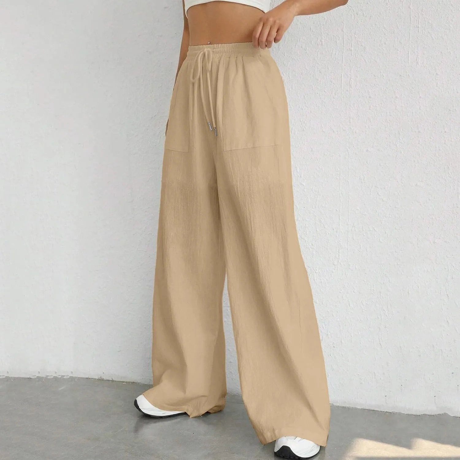Wide Leg Linen Pants for Women Drawstring High Waist Casual Palazzo Pants Solid Color Loose Fit Trendy Trousers with Pocket
