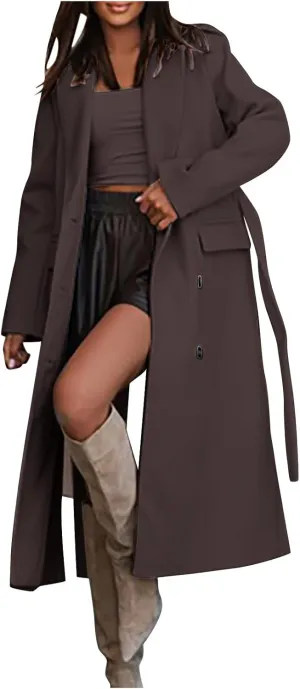 Winter Trench Coat for Women Single Breasted Overcoat Lapel Long A-line Pea Coat Elegant Solid Outerwear with Belt