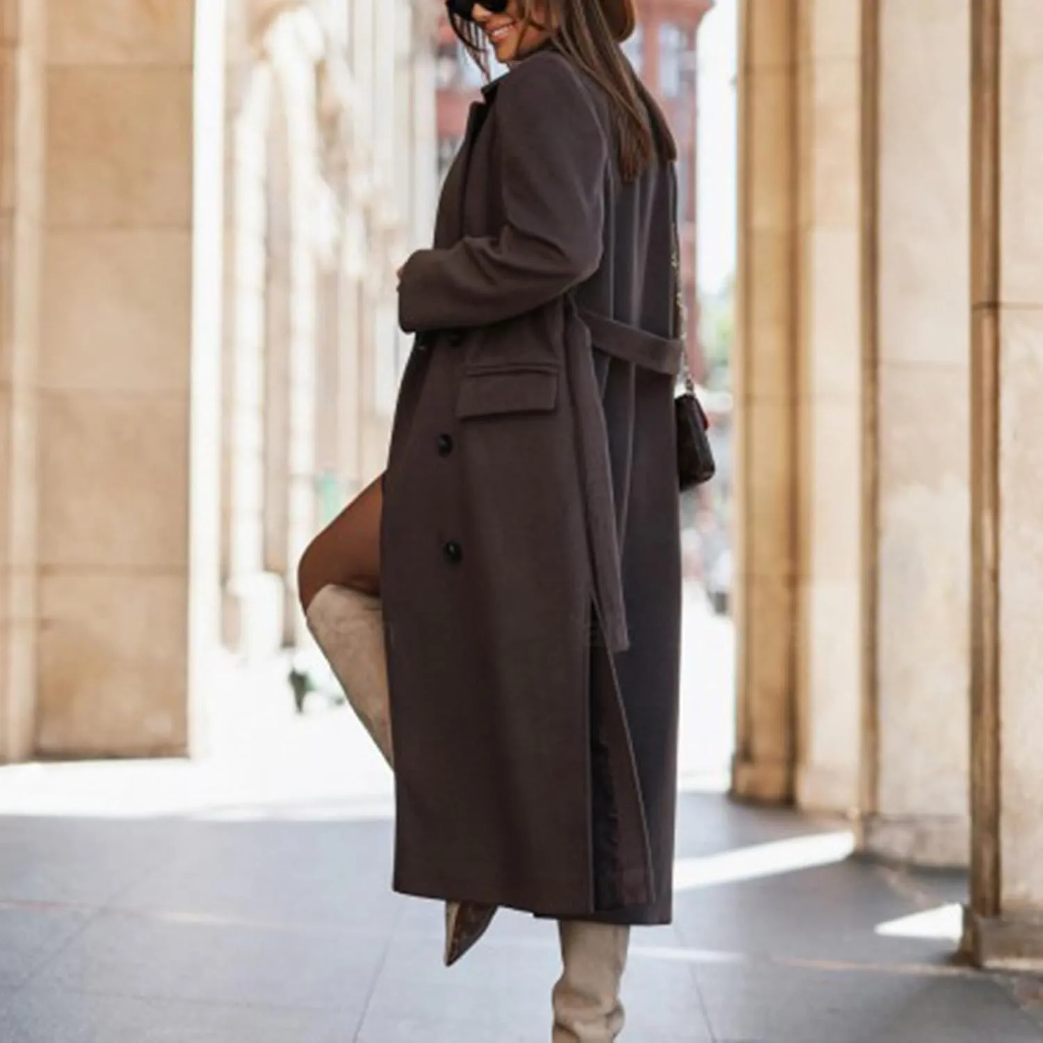 Winter Trench Coat for Women Single Breasted Overcoat Lapel Long A-line Pea Coat Elegant Solid Outerwear with Belt