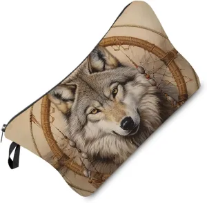 Wolf Dreamcatcher Makeup Bag Wild Wolf Small Cute Organizer Bag Zipper Pouch Wolf Print Cosmetic Bag Present for Wolf Lovers Women Friends
