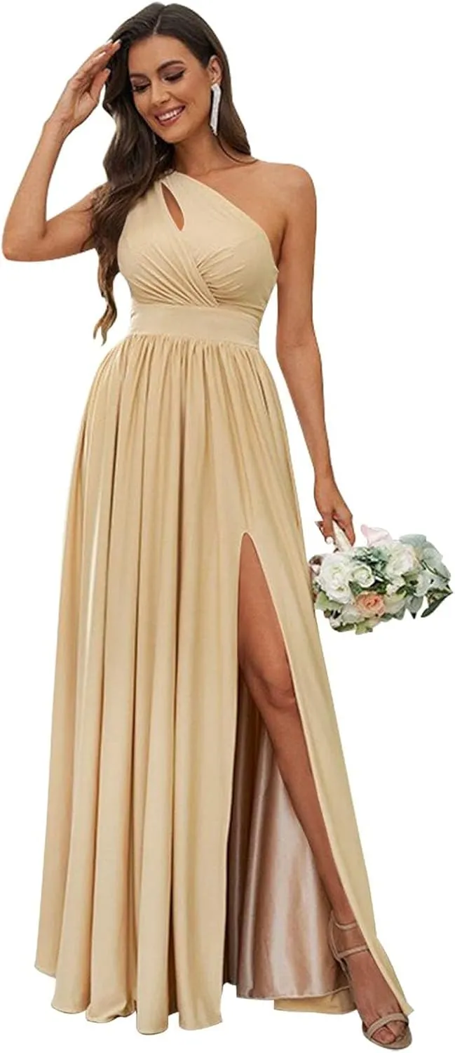 Womem's One Shoulder Bridesmaid Dresses Side Slit Pleated Chiffon Long Formal Gowns Prom Dress with Pockets