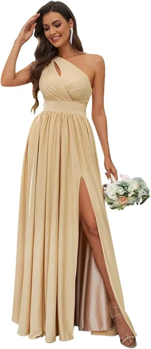 Womem's One Shoulder Bridesmaid Dresses Side Slit Pleated Chiffon Long Formal Gowns Prom Dress with Pockets