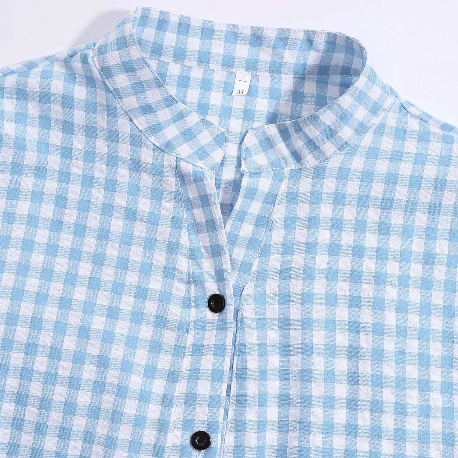 Women 3/4 Sleeve Plaid Shirt Dresses Summer Casual V Neck Button Down Mini Dress Gingham Loose Ruffle Hem Cute Dress