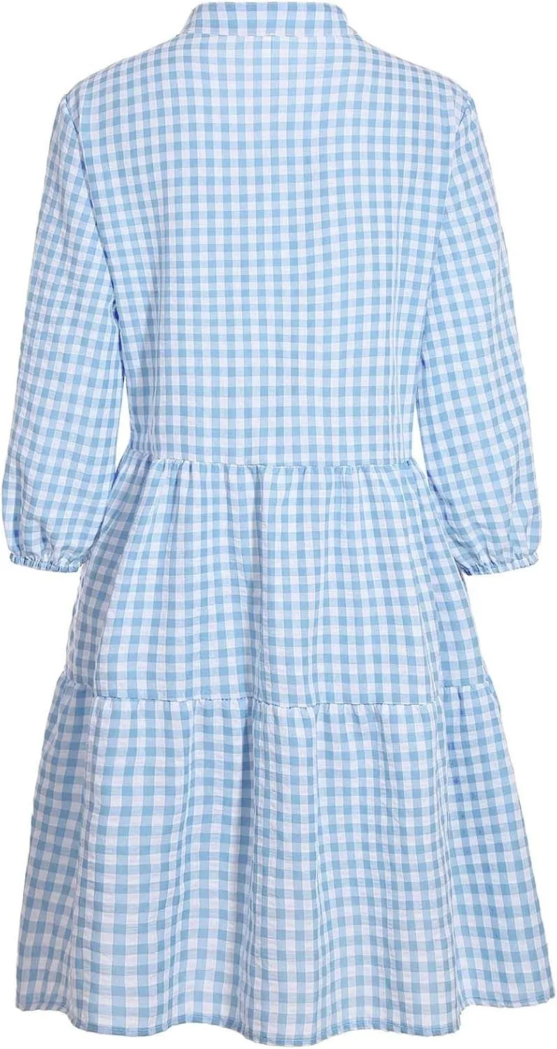 Women 3/4 Sleeve Plaid Shirt Dresses Summer Casual V Neck Button Down Mini Dress Gingham Loose Ruffle Hem Cute Dress