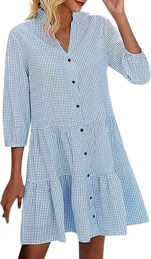 Women 3/4 Sleeve Plaid Shirt Dresses Summer Casual V Neck Button Down Mini Dress Gingham Loose Ruffle Hem Cute Dress