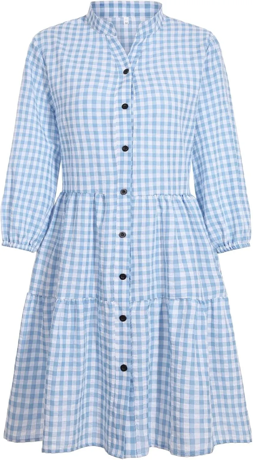 Women 3/4 Sleeve Plaid Shirt Dresses Summer Casual V Neck Button Down Mini Dress Gingham Loose Ruffle Hem Cute Dress